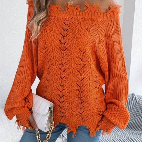 Orange Women's Off Shoulder Sweater Frayed Hem Detail Long Sleeve Pullover - Picture 5 of 8
